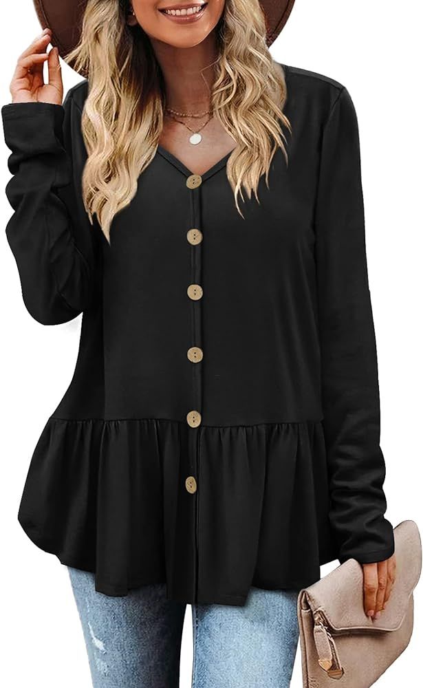 WIHOLL Long Sleeve Tops Shirts for Women Babydoll V Neck Buttons Ruffle Tunic Tops Blouses | Amazon (US)
