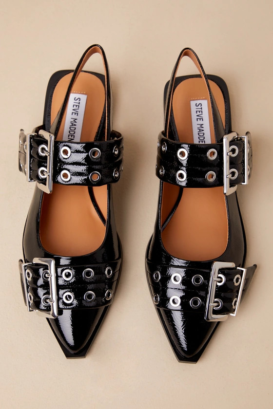 Graya Black Patent Studded Buckle Slingback Flats | Lulus