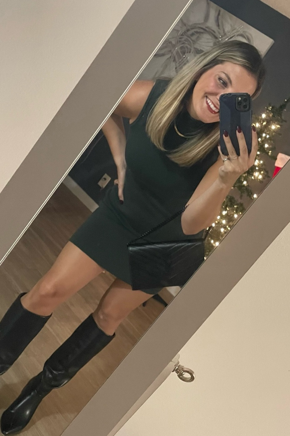 Sweater Dress - Green sweater dress, knee high boots, and gold necklace perfect for a girls night out.

#LTKfindsunder50 #LTKshoecrush #LTKSeasonal
