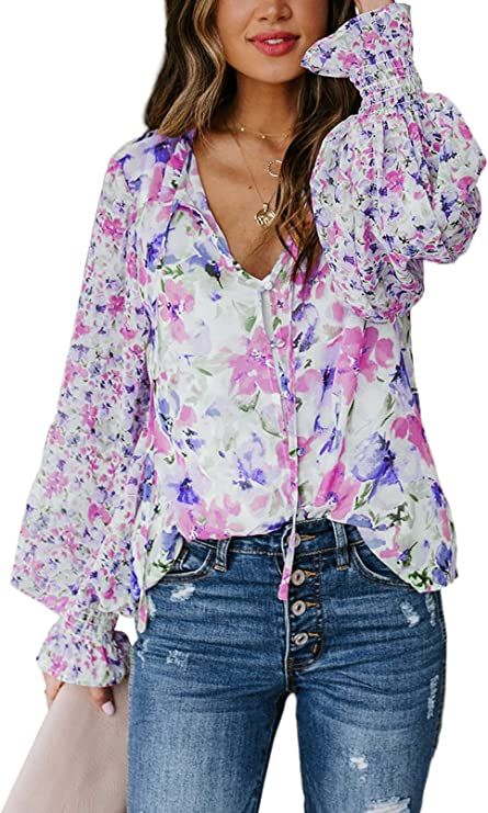 Biucly Women's Casual Boho Floral Print V Neck Long Sleeve Stylish Drawstring Tops Loose Blouses ... | Amazon (US)