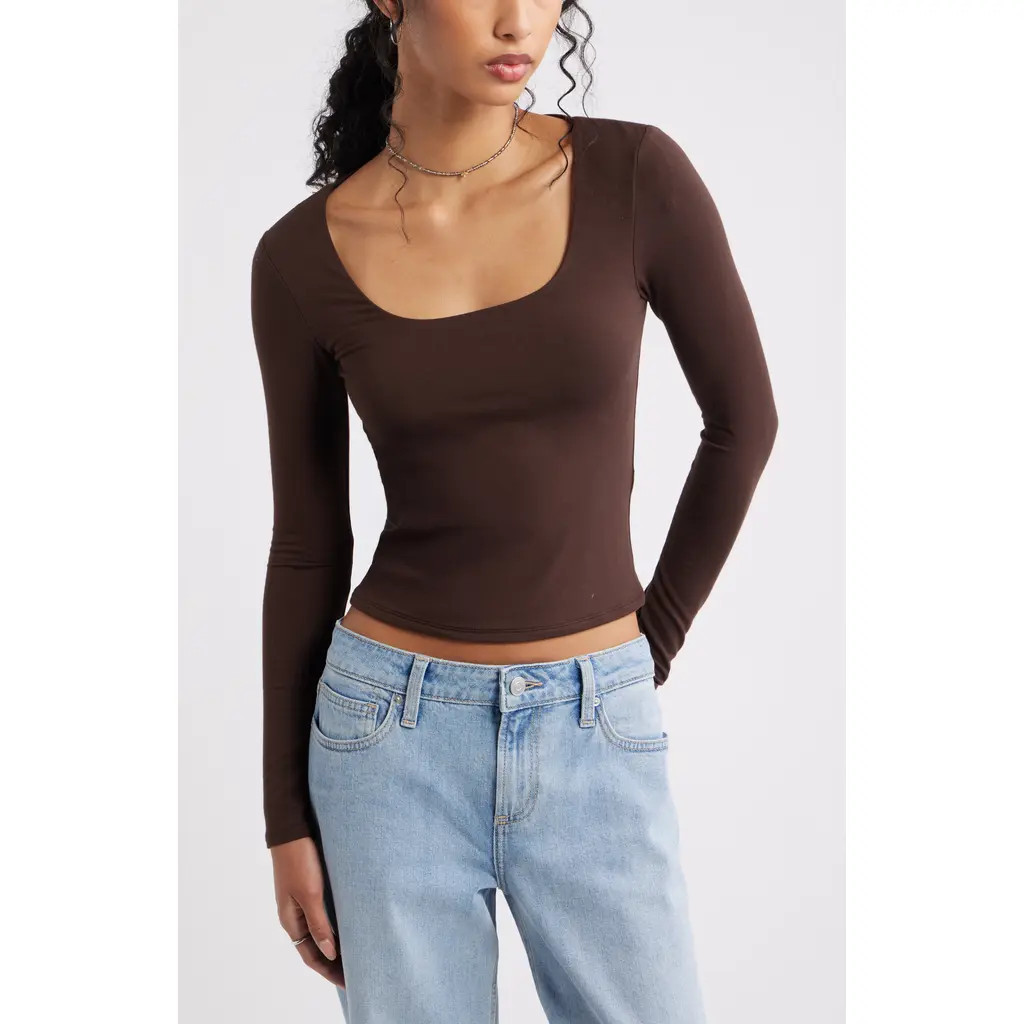 BP. Long Sleeve Square Neck T-Shirt in Brown Coffee at Nordstrom, Size Large | Nordstrom