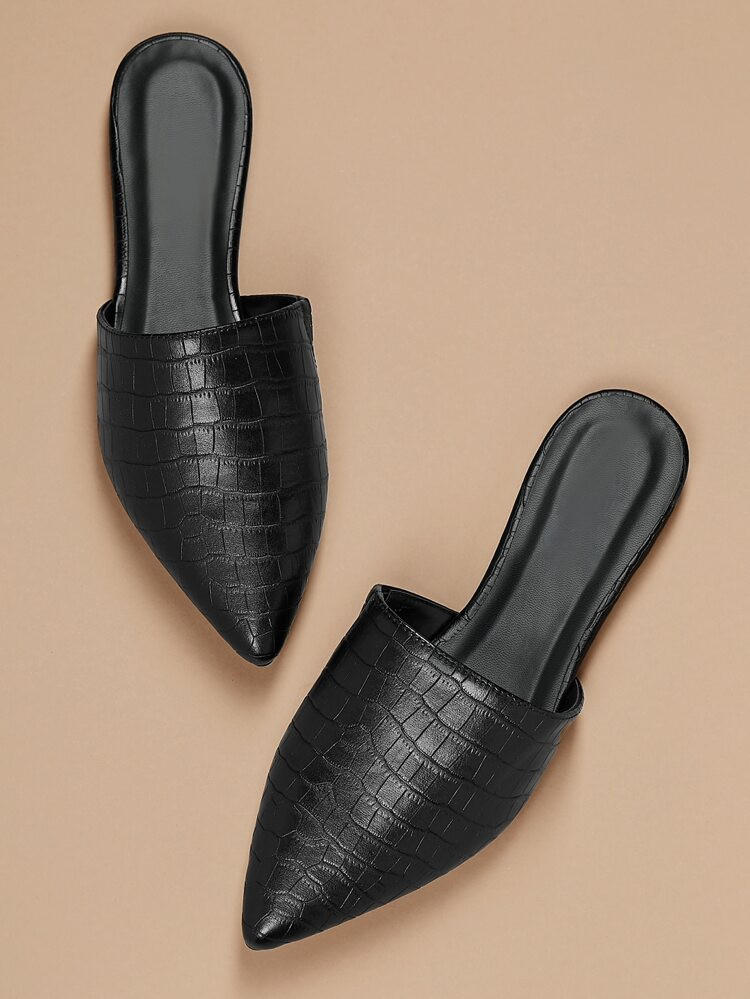 Crocodile Embossed Pointed Toe Flat Slide Mules | SHEIN