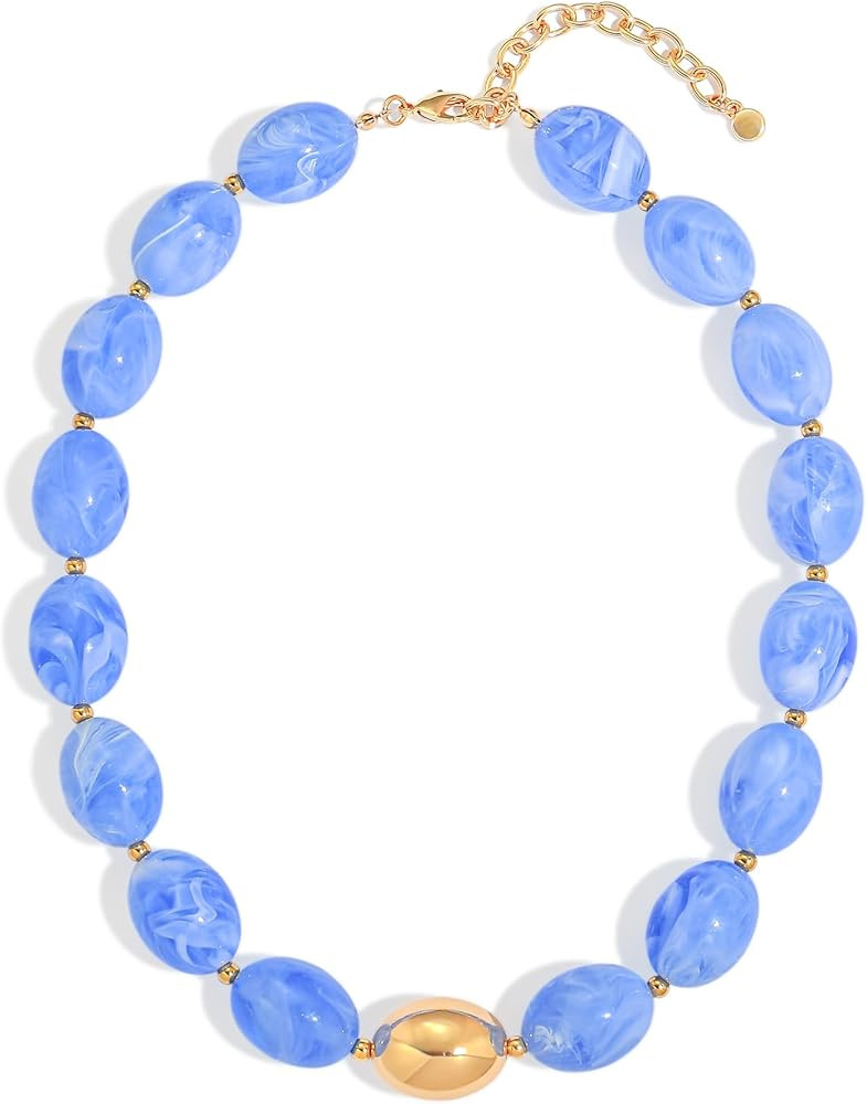 Chunky Beaded Necklace for Women Adjustable Oval Beaded Choker Necklaces with Gold Accents Boho S... | Amazon (US)