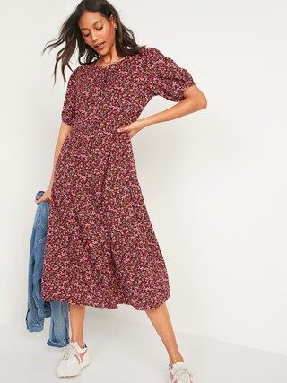 Floral Puff-Sleeve Button-Front Midi Swing Dress for Women | Old Navy (US)