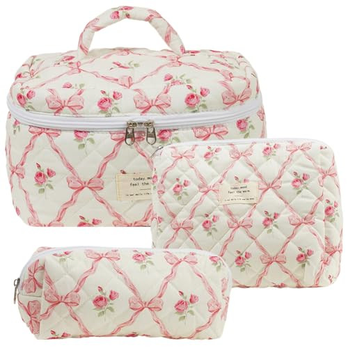 JQWSVE Cotton Quilted Makeup Bag Jolly House Floral Coquette Makeup Bag Aesthetic Cute Cosmetic Bag Large Travel Toiletry Bag | Amazon (US)
