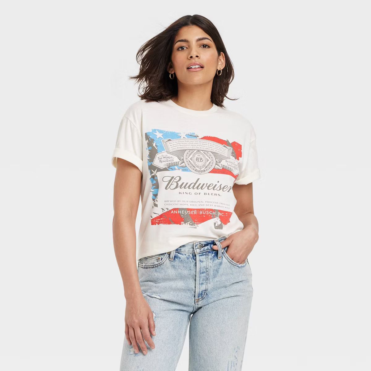 Women's Budweiser American Flag Oversized Short Sleeve Graphic T-Shirt - Ivory | Target