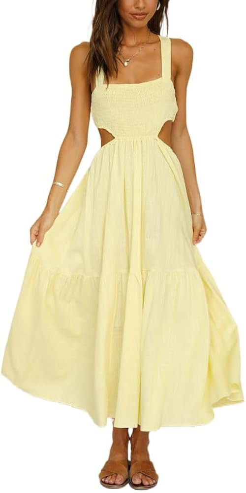 Women Summer Casual Maxi Dress Boho Dress Sleevelss Tie up Flowy Dress Cutout Long Dress Vacation... | Amazon (US)