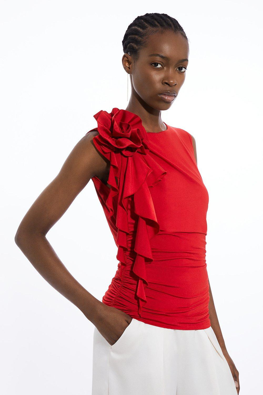 Dramatic Rosette Slinky Jersey Top | Karen Millen UK + IE + DE + NL