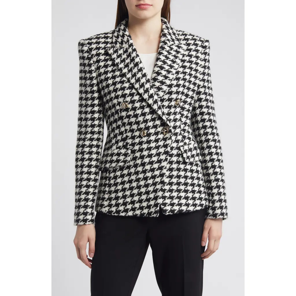 BOSS Jia Houndstooth Double Breasted Blazer in Monochrome Houndstooth at Nordstrom Rack, Size 12 | Nordstrom Rack
