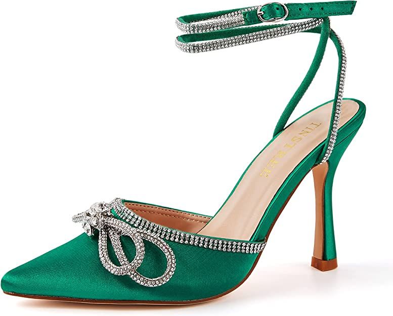 Amazon.com | Green Pointed Toe Heels,Trendy Heels for Women High Stilettos Strap Ankle Buckle Rhi... | Amazon (US)