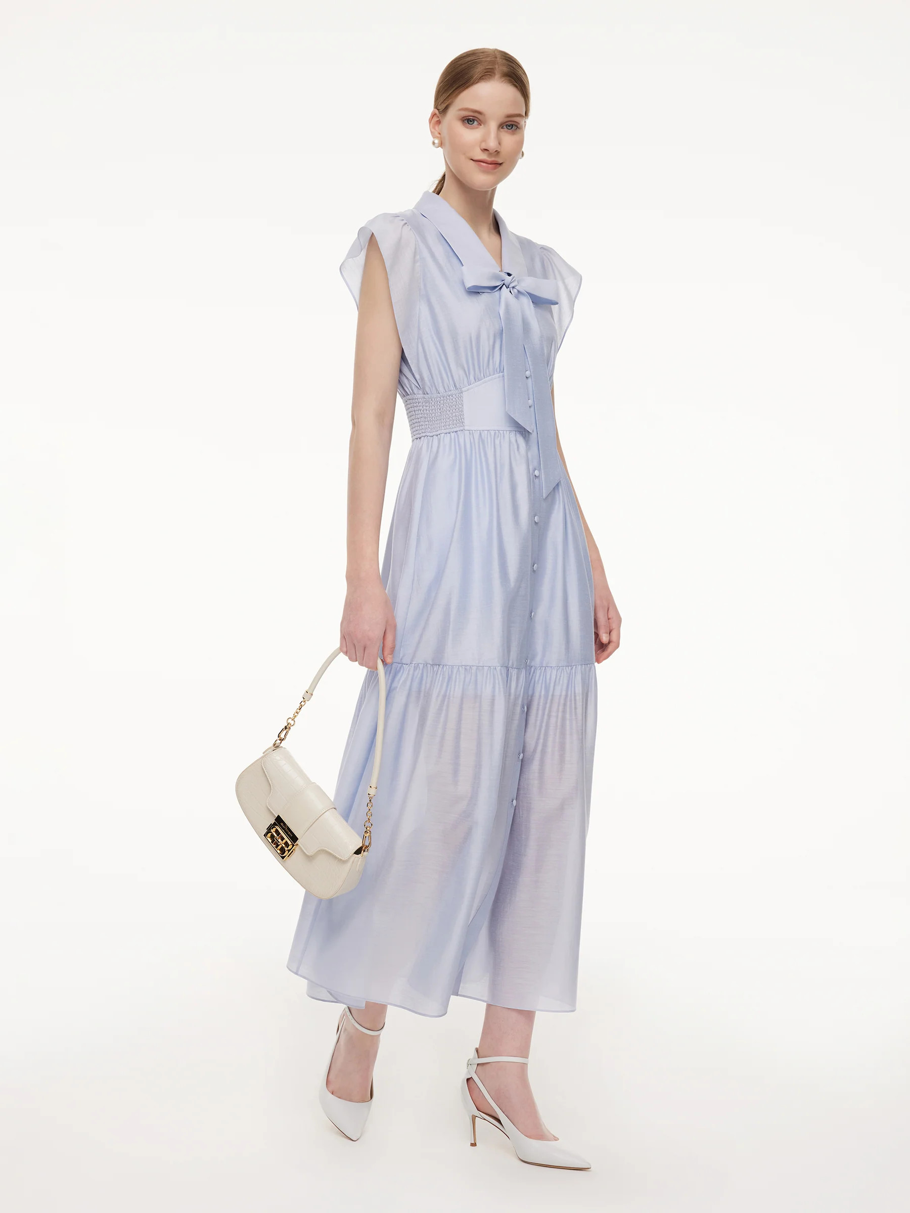 Tencel Acetate Blend Ruffle Cap Sleeve Women Maxi Dress With Ribbon | GOELIA