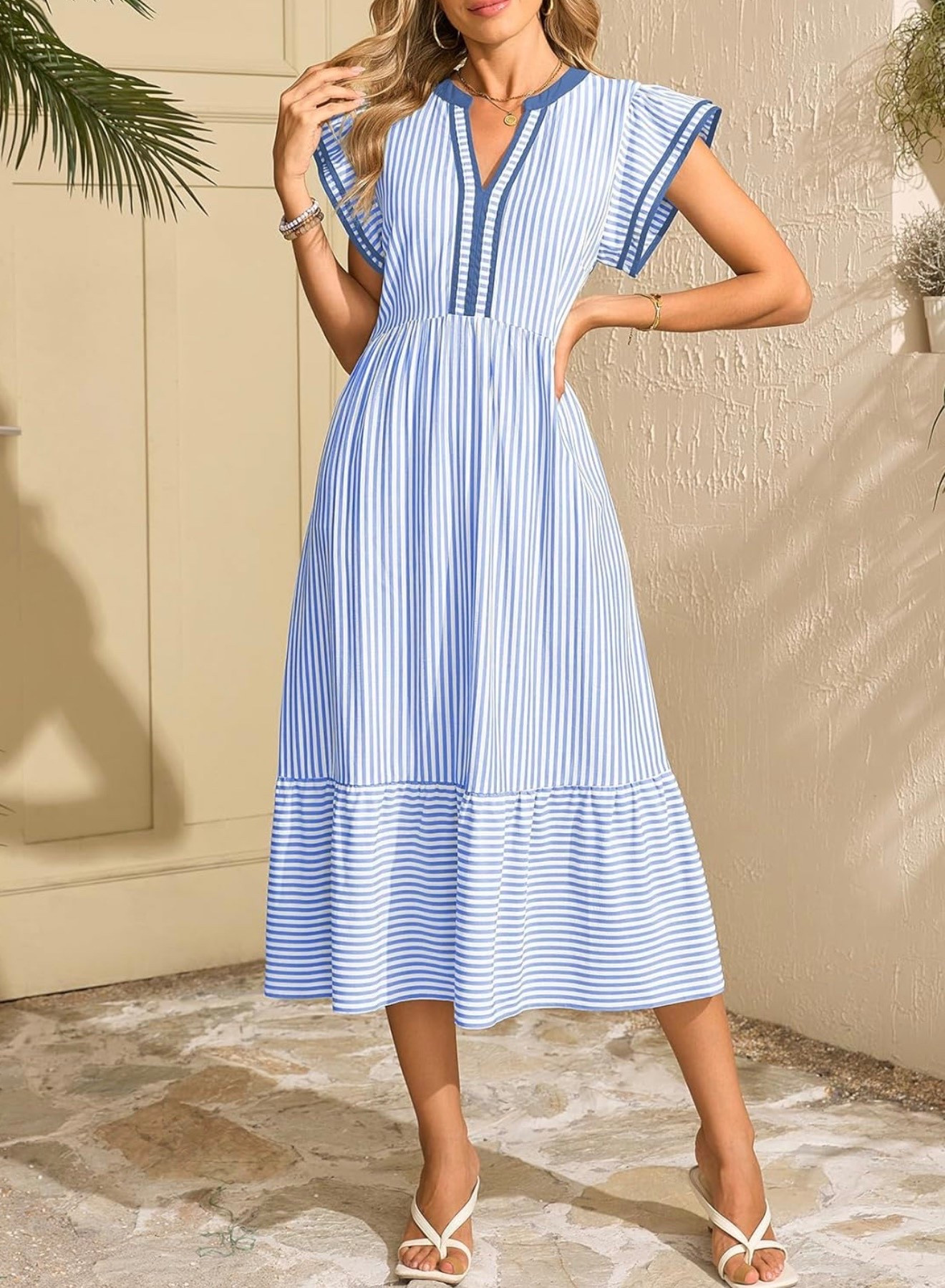 Womens Dresses 2026 Summer V-Neck Ruffle Cap Sleeve Empire Waist Flowy Striped Beach Midi Maxi Dress with Pockets
100

#LTKSpringSale #LTKSeasonal #LTKootd