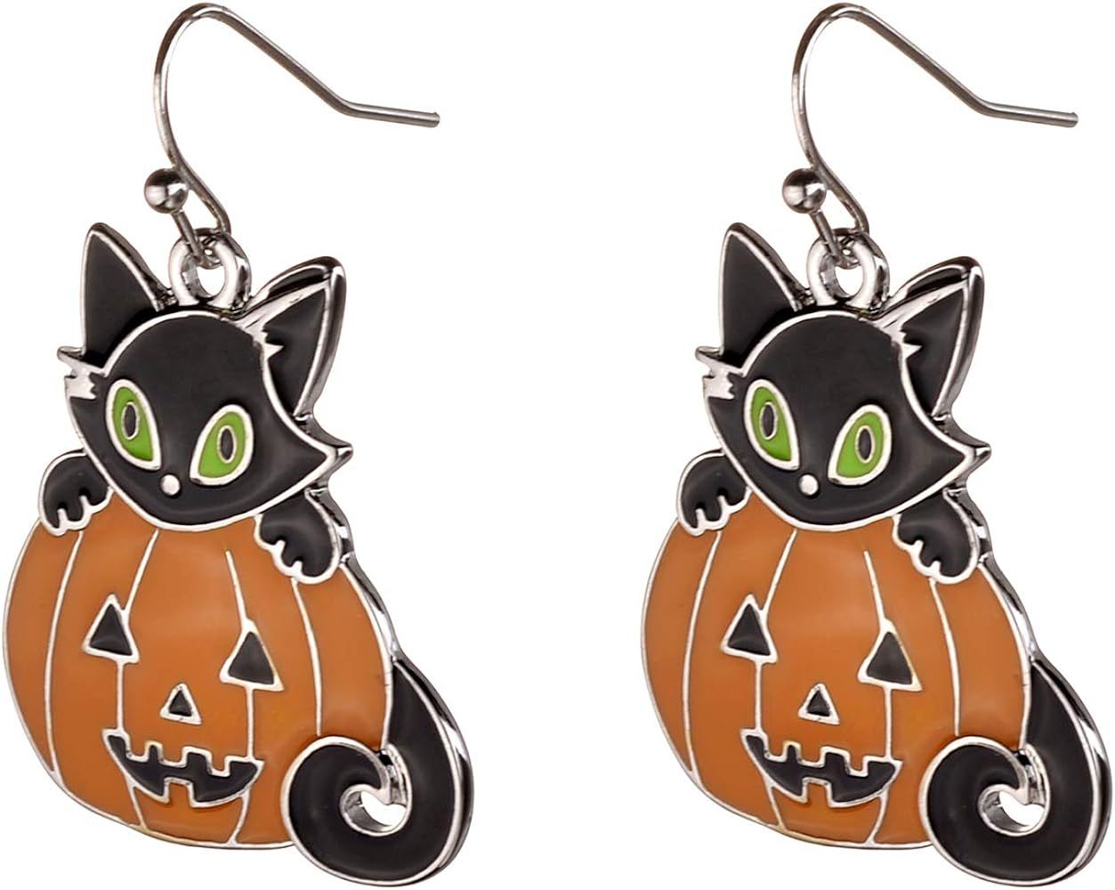 Lux Accessories Halloween Orange Pumpkin Black Kitty Cat Silvertone Dangle Earrings | Amazon (US)