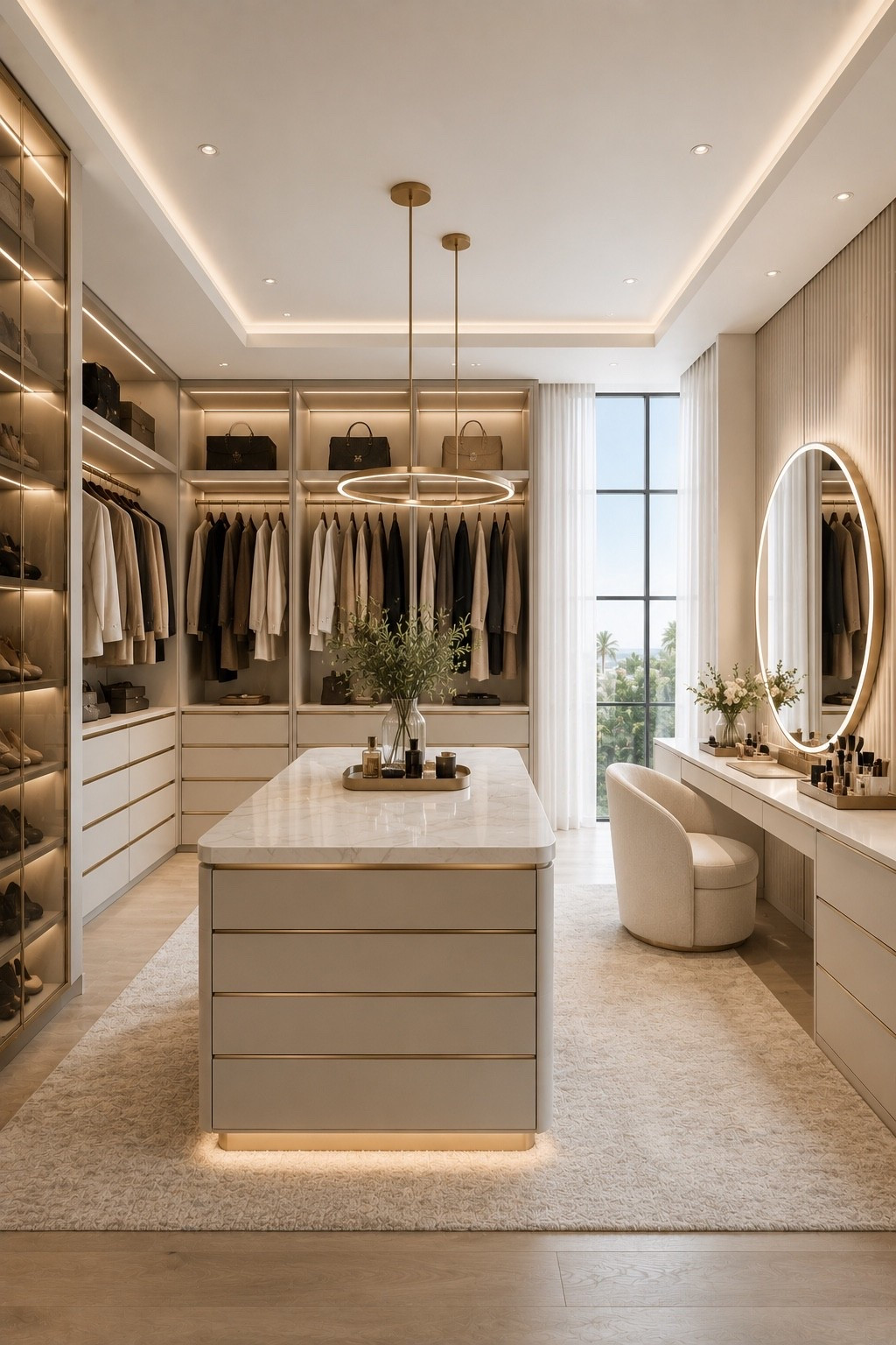 Create the ultimate luxury walk-in closet with custom built-in wardrobes, a spacious center island, elegant makeup vanity, soft ambient lighting, and boutique-inspired organization. Warm neutral tones, premium finishes, and timeless modern design transform everyday routines into a five-star dressing experience.

#walkincloset #luxurycloset #closetdesign #closetorganization #dressingroom #closetinspo #makeupvanity #luxuryinteriors #modernhome #homedecor #interiordesign #customcloset #neutralhome #designerhome #homeorganization #homeinspiration #interiorinspiration #ltkhome #amazonhome #luxurylifestyle