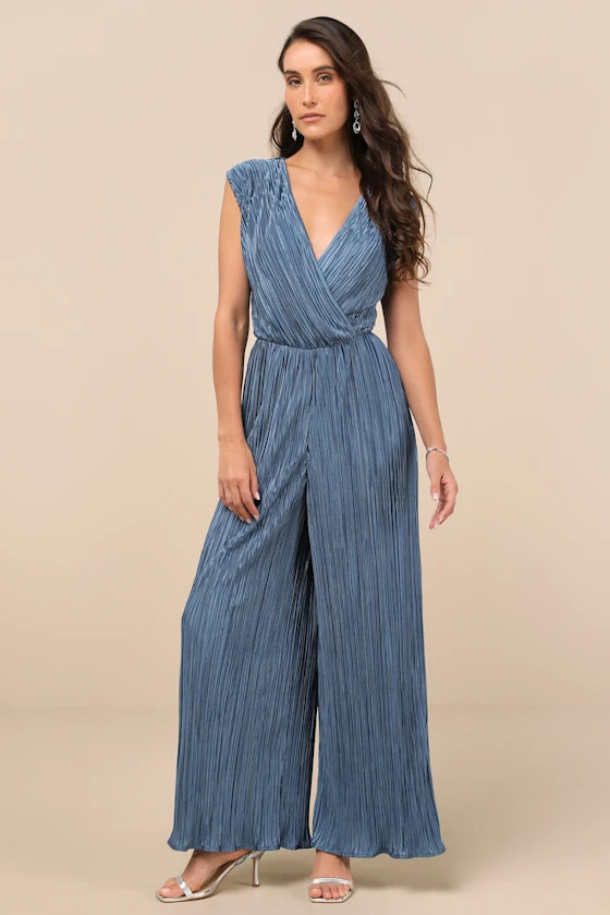 Firenze Dusty Blue Plisse Surplice Sleeveless Wide-Leg Jumpsuit | Lulus