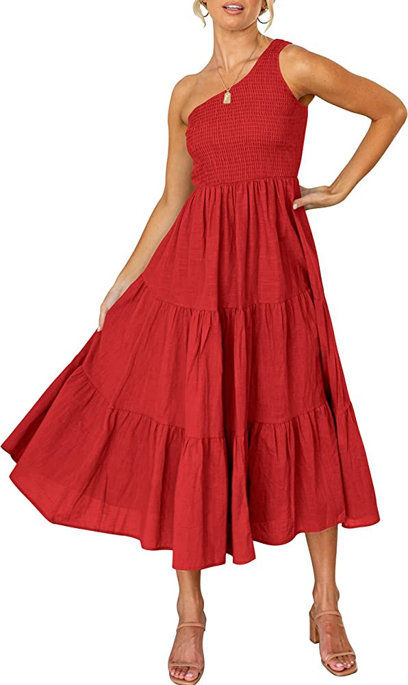 ANRABESS Women's 2023 Summer Bohemian One Shoulder Sleeveless Smocked Ruffle Tiered Beach Maxi Su... | Amazon (US)