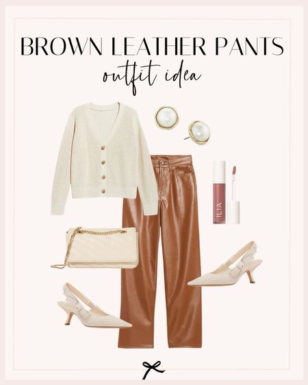 Brown leather pants outfit idea. These straight leg faux leather pants and button front cardigan are perfect for spring workwear. Pair them with a neutral heel and bag for a chic look. 

#LTKbeauty #LTKstyletip #LTKSeasonal