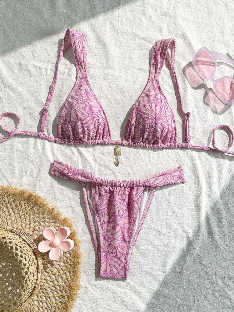 Swim Mod Spring Break Women Beachwear Summer Outfits, 2pcs Textured Fabric Fuchsia Triangle Bikini Swimwear With Pendant, Holiday Beach Sets | SHEIN