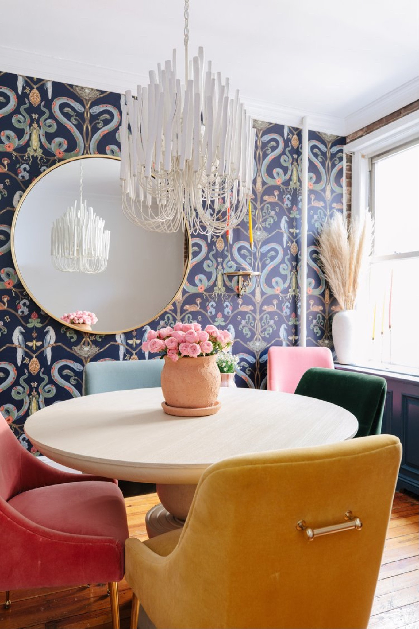 Velvet dining chairs, rainbow chairs, anthro dining room furniture, bold wallpaper, dark wallpaper in a colorful space 

#LTKHome