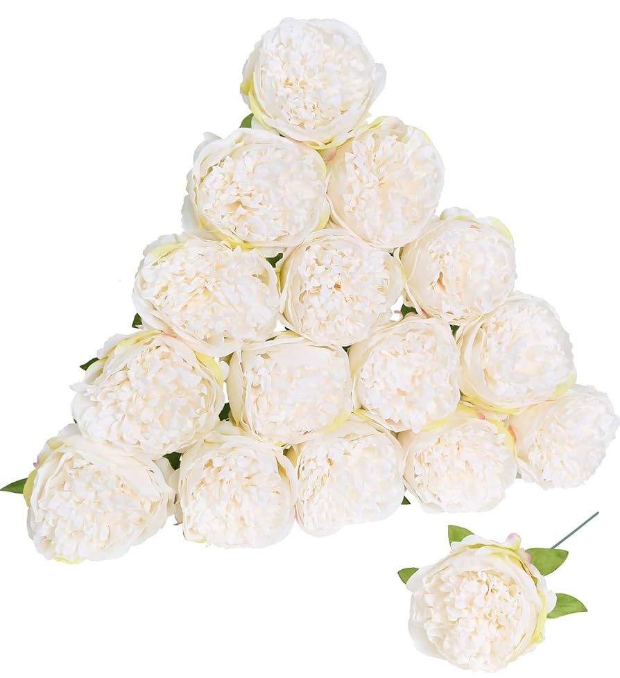 16pcs White Peony Silk Flowers - Fake Peonies with Stem, Realistic for Home Wedding Party Festiva... | Amazon (US)