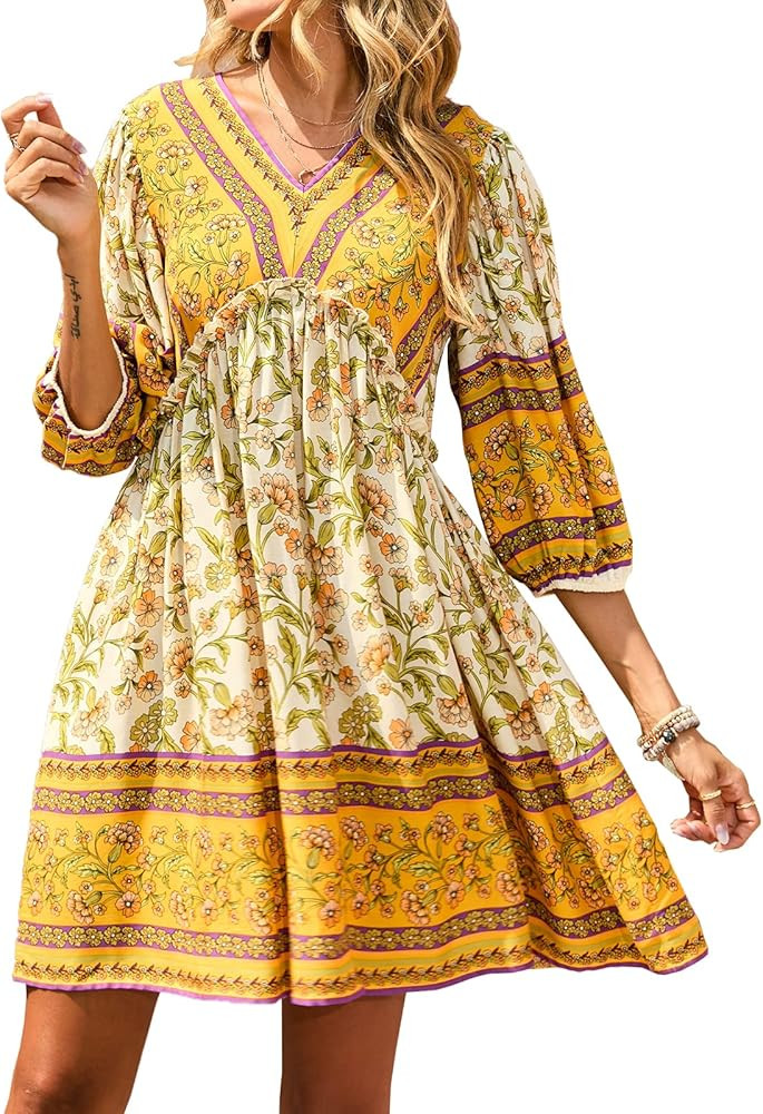 BTFBM Women Casual Spring Summer Dresses V Neck 3/4 Long Sleeve Ruffle Floral Flowy Boho Babydoll Mi | Amazon (US)