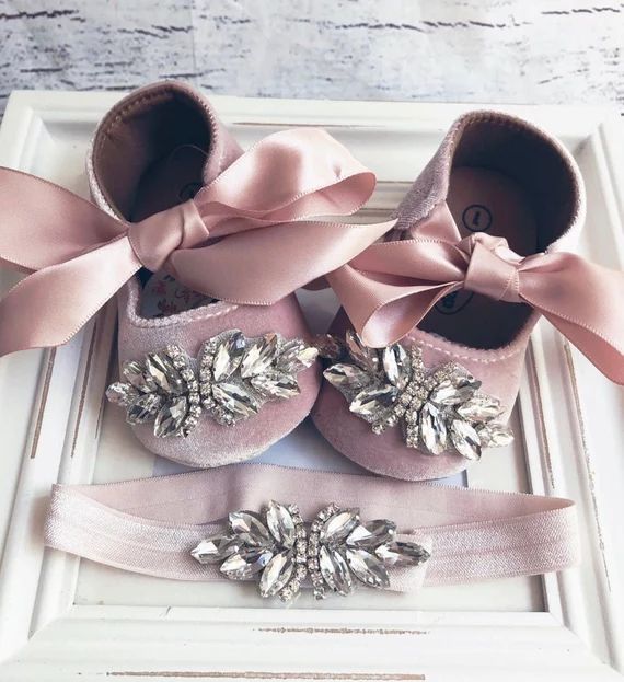 Baby girl shoes set, baby shoes -headband set, pink shoes baby booties 1ers birthday baby shoes,b... | Etsy (US)
