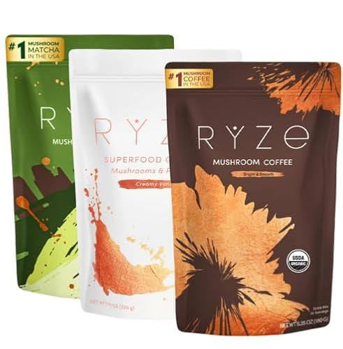 RYZE SUPERFOODS Ultimate Energy Bundle Medium Roast, USDA Organic Mushroom Coffee & Mushroom Matcha + Probiotic Creamer with 6 Adaptogenic Mushrooms for Better Energy, Focus, Digestion, Immunity, 30 serving each | Amazon (US)