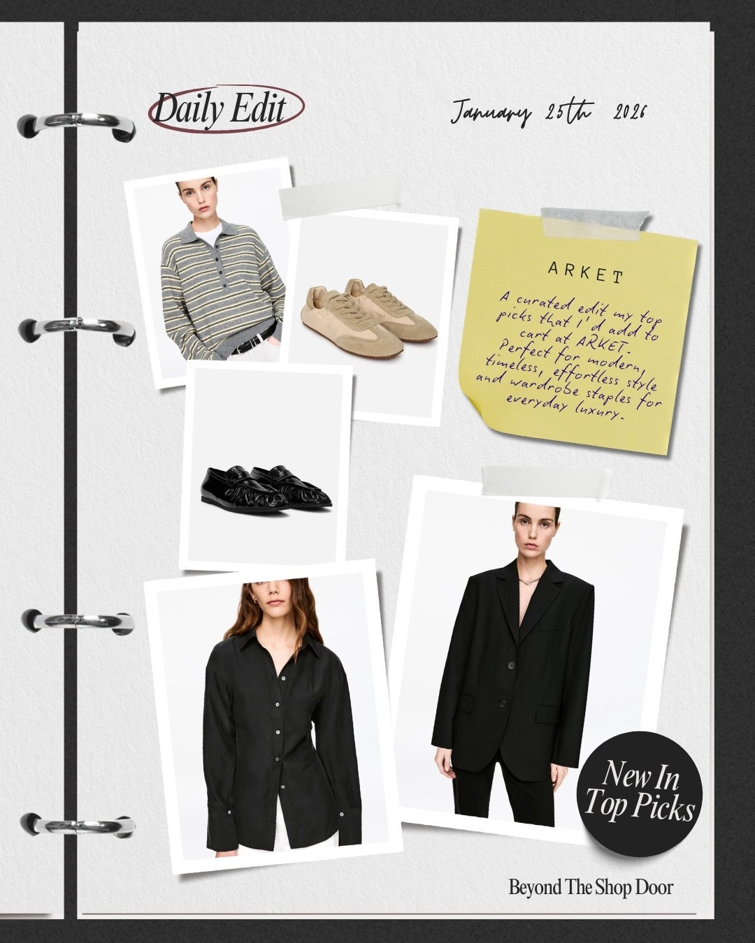 ARKET - NEW IN - MY  TOP PICKS

A curated edit my top picks that I’d add to cart at ARKET. 

Perfect for modern, timeless, effortless style and wardrobe staples for everyday luxury. 

Blazer | Loafers | Retro Inspired Sneakers | Polo Jumper | Silk Shirt | Triangle scarf | Cashmere Tee 

#LTKOver40