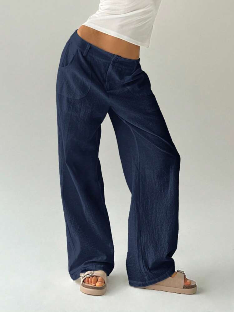 SHEIN EZwear Plain Casual Straight Leg Trousers With Pockets, Low-Rise | SHEIN
