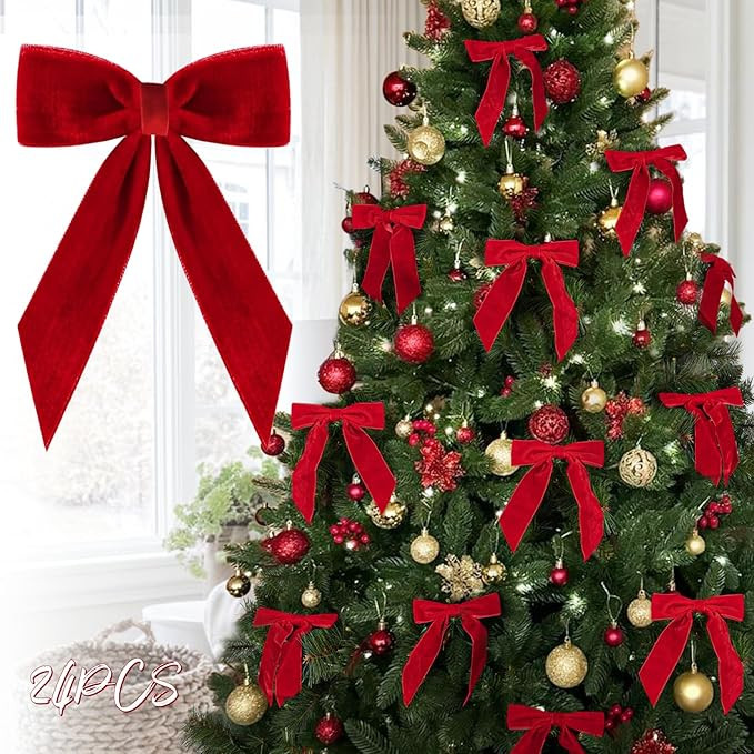 Christmas Decorations - Christmas Bows - 24 Pcs 7 x 6 inch Medium Red Velvet Bows for Christmas T... | Amazon (US)
