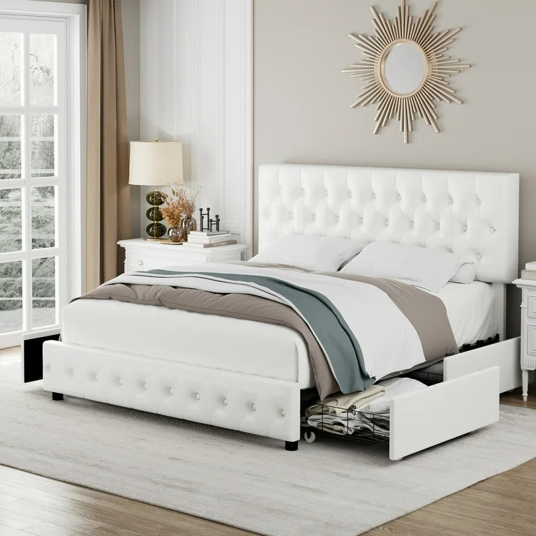Homfa Faux Leather Storage Platform Bed Frame, Queen White Bed Frame with 4 Drawers, Upholstered ... | Walmart (US)
