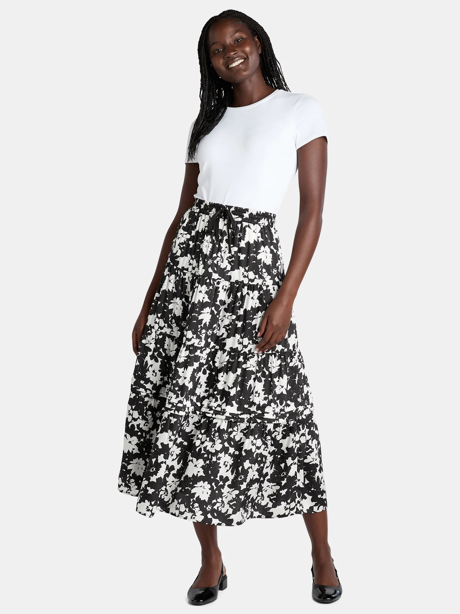 Time and Tru Women's Printed Tiered Midi Skirt, Sizes XS-XXXL | Walmart (US)