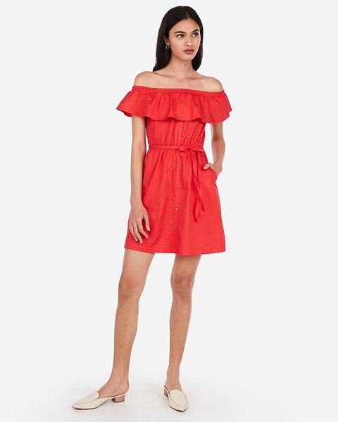 off the shoulder button front ruffle dress | Express