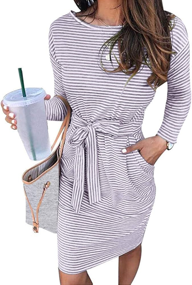 MEROKEETY Women's Summer Striped Short Sleeve T Shirt Dress Casual Tie Waist with Pockets | Amazon (US)