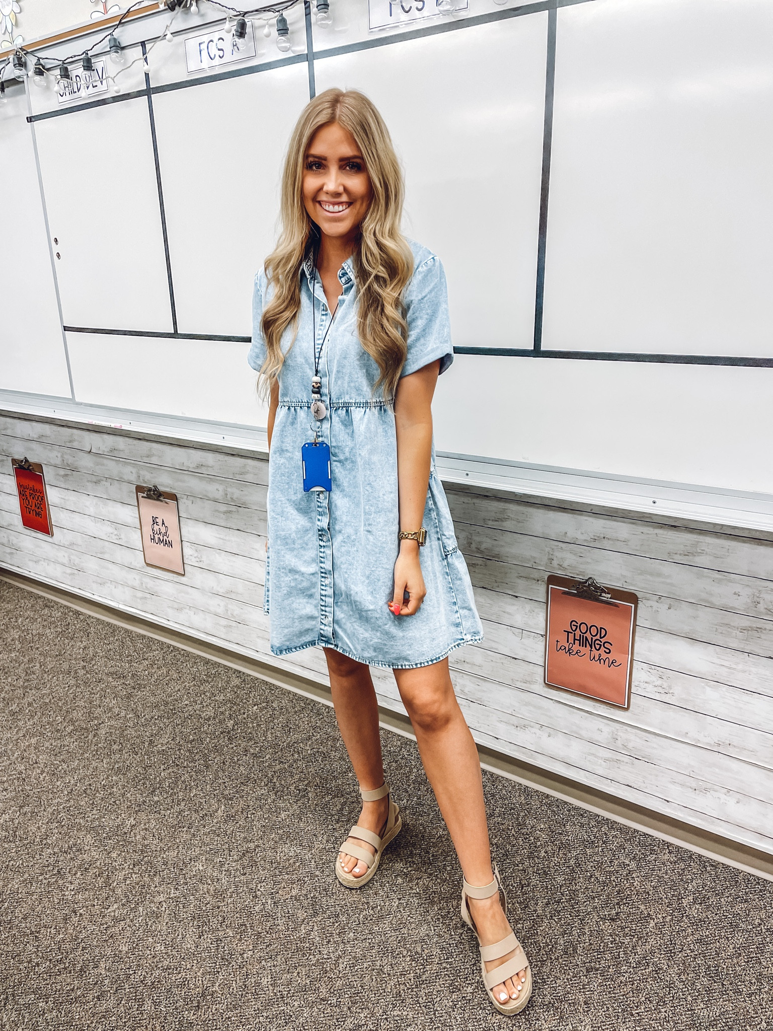 Teacher outfit!
Denim dress: true to size, wearing M and I’m 5’6”
Sandals: true to size but size down if between 

#LTKunder50 #LTKunder100 #LTKworkwear