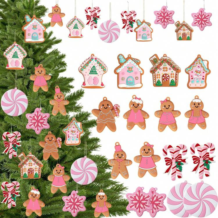 Gingerbread Man Ornaments Christmas Tree Decorations - 16pcs Pink Gingerbread Man Christmas Decorations Hanging Ornaments For Holiday Xmas Tree Home Decor,Christmas Tree,Santa Claus,Christmas Decorations,Gingerbread House,Christmas Gifts Christmas Tree Hangings,Christmas Gifts | SHEIN