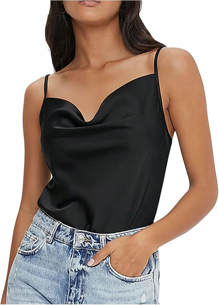 OYOANGLE Women's Draped Front Silky Cami Top Spaghetti Strap Sleeveless Elegant Shirts | Amazon (US)