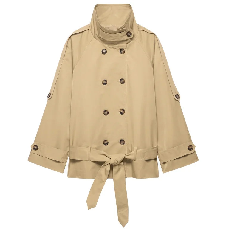 Double Breasted Crop Trench Coats for Women Casual Stand Collar Belted Lightweight Outerwear | Walmart (US)