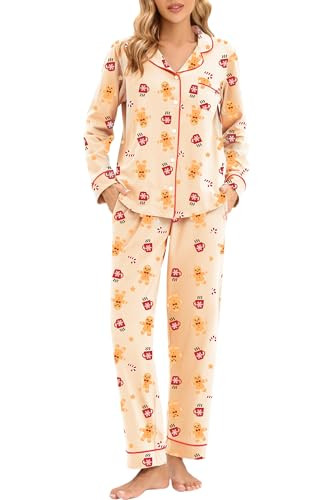 LUBOT Christmas Pajamas 100% Cotton Womens Pajamas Set 2PC PJ Set for Women Soft Long Sleeve Button-Down Xmas Two Piece Sleepwear Loungewear (Gingerbread,L) | Amazon (US)