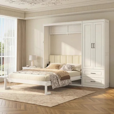 Queen Size Murphy Bed with Storage Wardrobe and Drawers,Upholstered Headboard | Wayfair North America