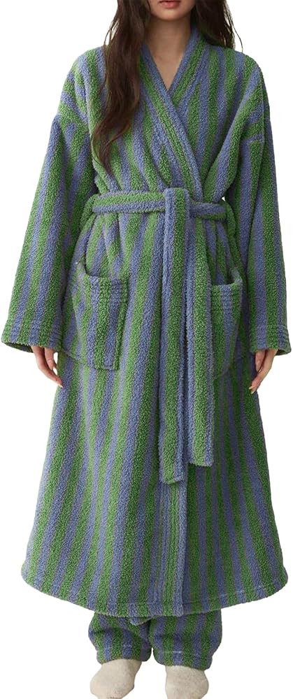 Womens Fluffy Striped Robe Belted Plush Warm Long Maxi Bathrobe | Amazon (US)