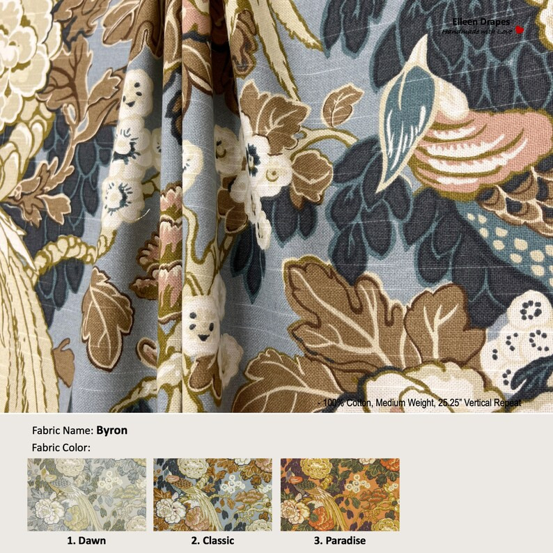 Byron 3 Color Jacobean Floral Flower Birds Phoenix Blue Orange Cotton Curtain, Valance Pleated, L... | Etsy (US)