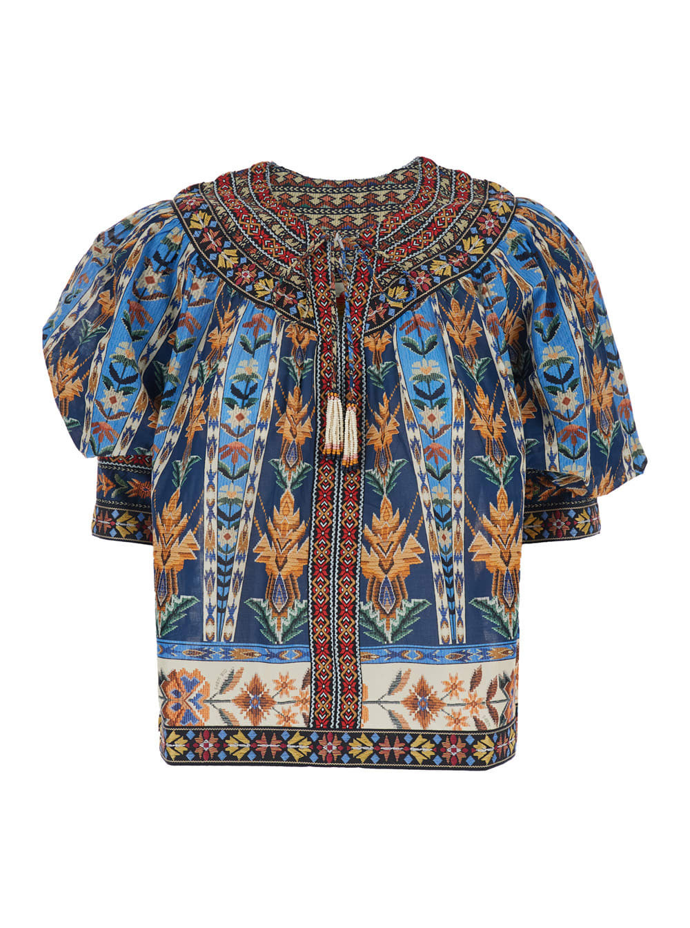 Farm Rio Dress embroidered Tapestry Blue With Short Sleeves And Multicolor Embroidery In Cotton For Women | Italist.com US