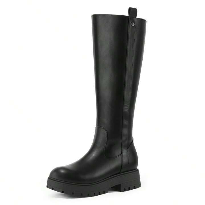 mysoft Women's Knee High Combat Boots Comfortable Lug Sole Side Zipper Platform Chunky Heel Tall ... | SHEIN
