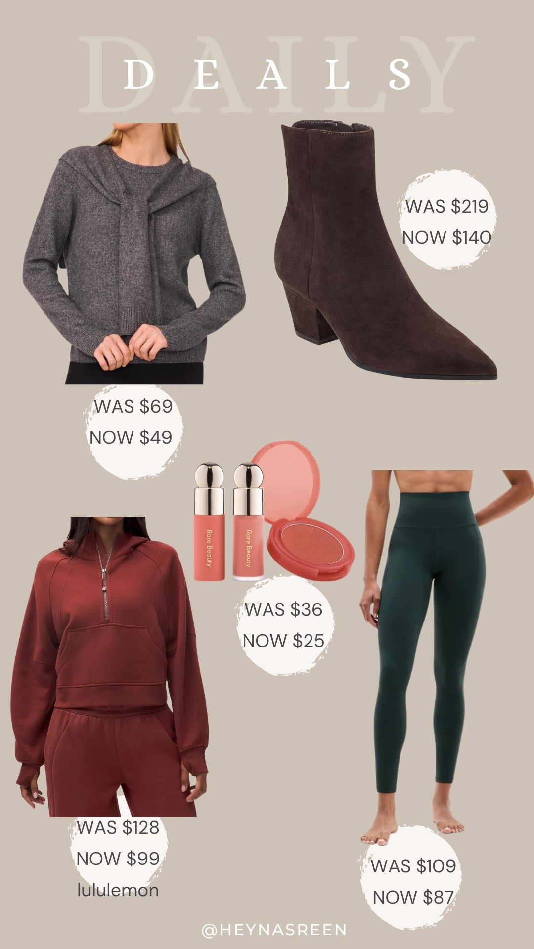 Daily deals on Halogen sweater, Marc Fisher LTD boots, Rare Beauty gift set, Athleta leggings, lululemon scuba 