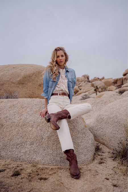 Country concert outfit - denim shirt, leather belt, cream denim, cowboy boots, Tecovas 

#LTKfindsunder100 #LTKFestival #LTKstyletip