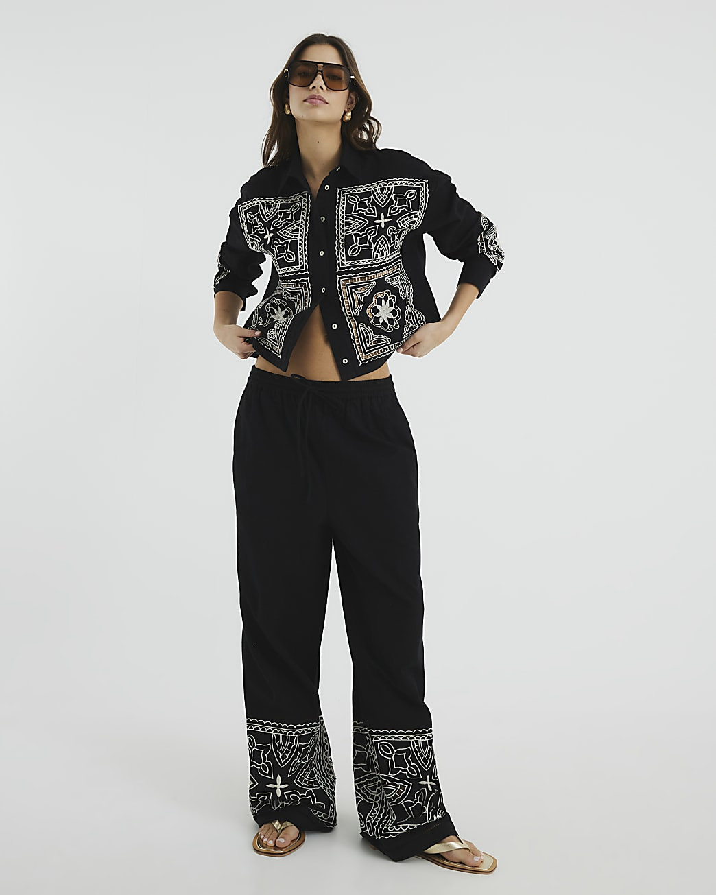 Black Broderie Trousers | River Island UK & IE