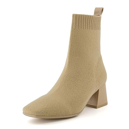 CUSHIONAIRE Women's Milo Stretch Ankle Sock Boot – Soft Knit Upper, Memory Foam Padding, Lightweight 1.75" Heel, Wide Widths Available, SAND, 8W | Amazon (US)