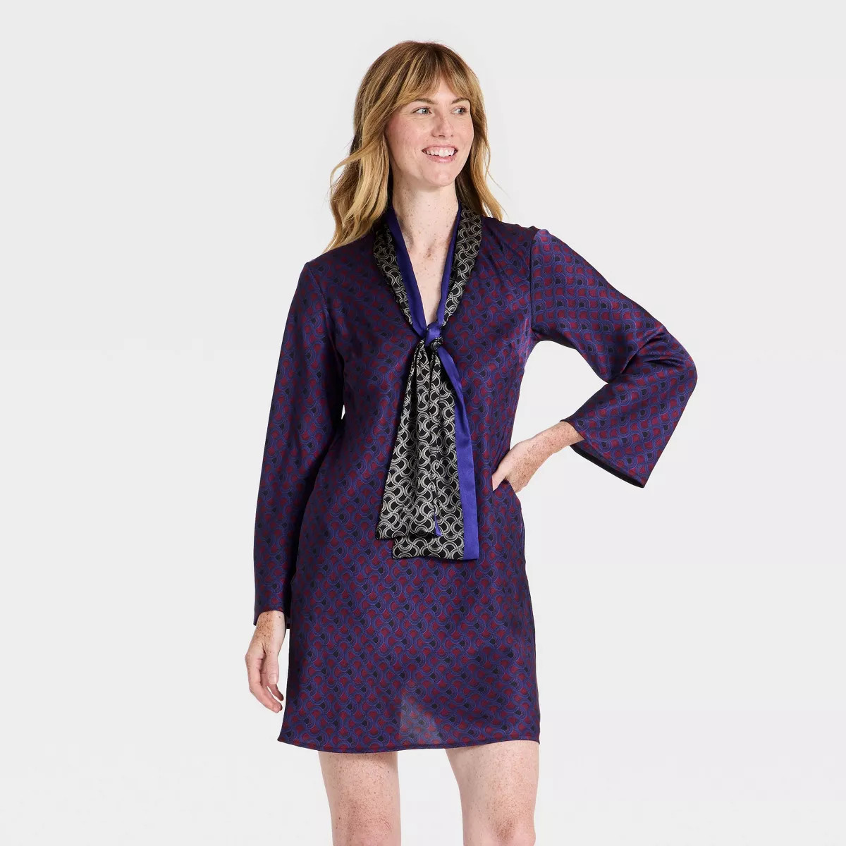 Women's Long Sleeve Scarf Printed Mini Dress - A New Day™ Navy Blue/Maroon S | Target