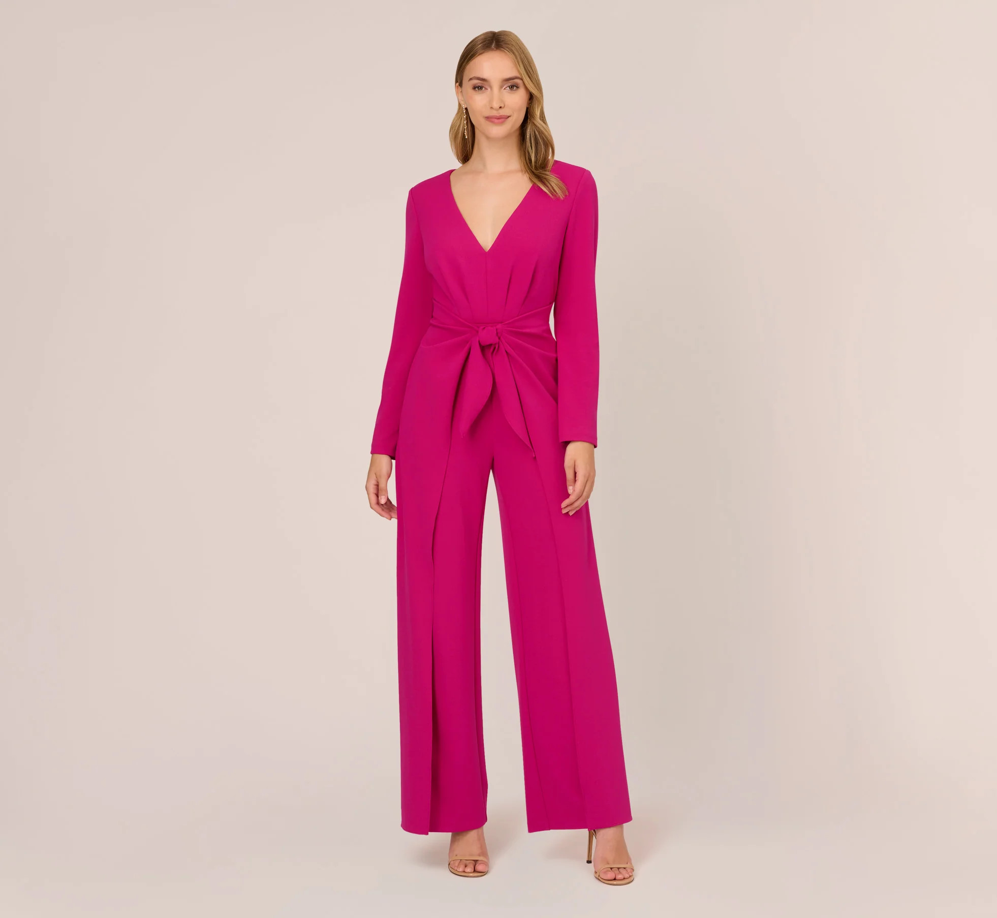 Long Sleeve Crepe Jumpsuit With Tie Front In Hot Orchid | Adrianna Papell